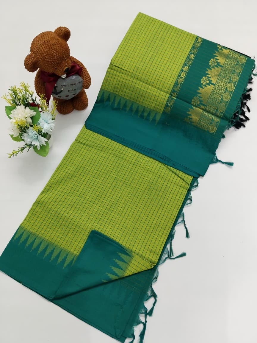Checked Cotton Saree with Zari Pallu and Contrast Blouse