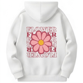 White hoodie with pink flower graphic and 'FLOWER' text on a white background