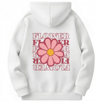 White hoodie with pink flower graphic and 'FLOWER' text on a white background