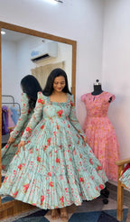 Floral Print Chanderi Cotton Maxi Dress for Women
