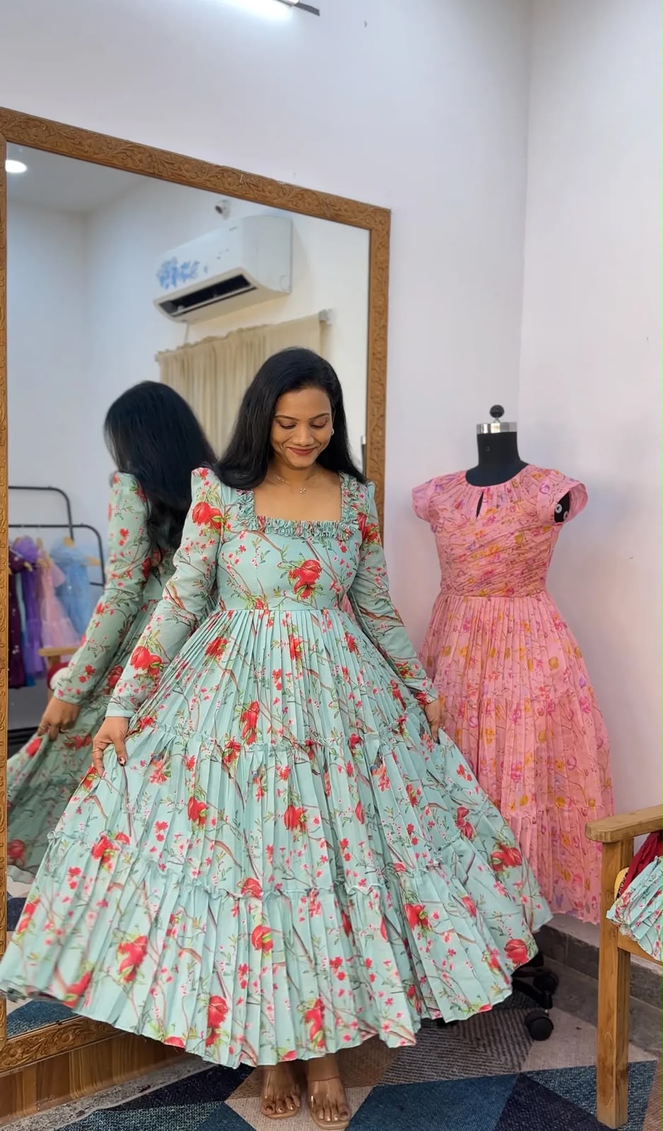 Floral Print Chanderi Cotton Maxi Dress for Women
