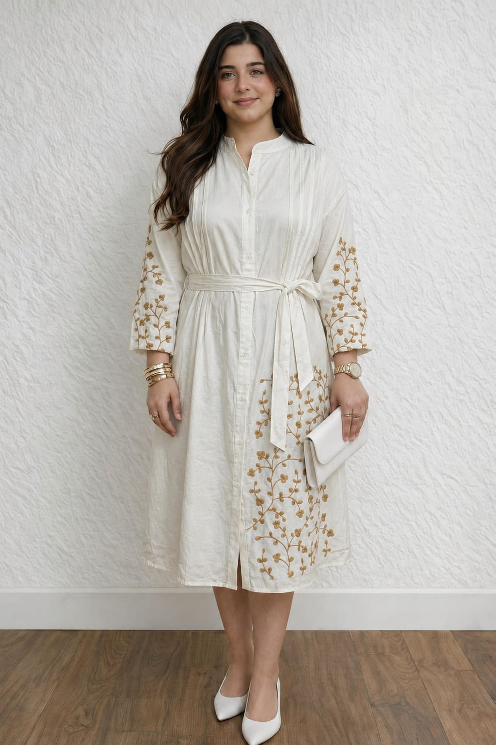 Embroidered Rayon Dress with Adjustable Belt