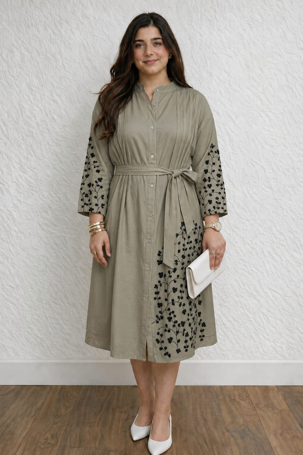Embroidered Rayon Dress with Adjustable Belt