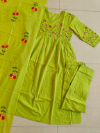Embroidered Cotton Kurta Pant Set with Printed Cotton Malmal Dupatta