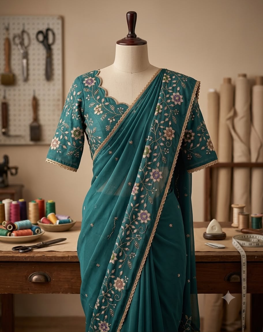 Designer Saree with Heavy Work Blouse & Lace Border