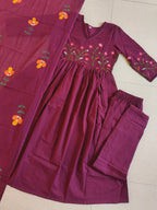 Embroidered Cotton Kurta Pant Set with Printed Cotton Malmal Dupatta