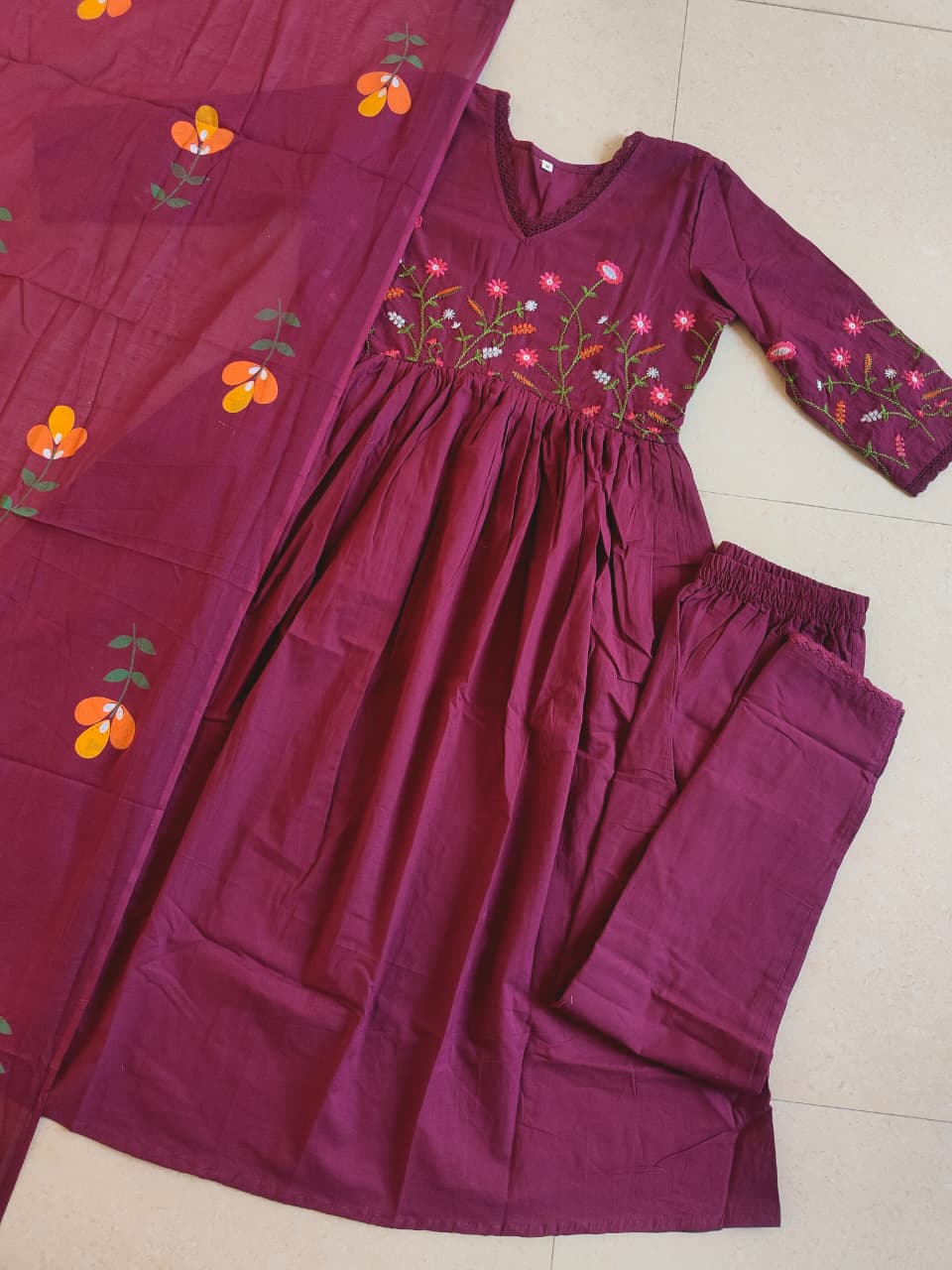 Embroidered Cotton Kurta Pant Set with Printed Cotton Malmal Dupatta