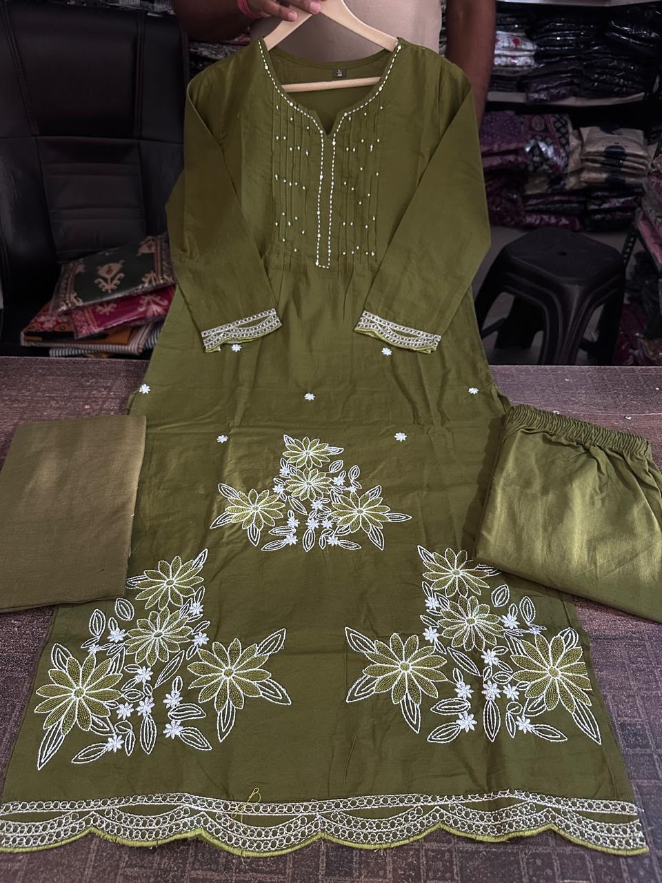 Designer Heavy Cotton Embroidered Kurti Pant Set with Cotton Dupatta