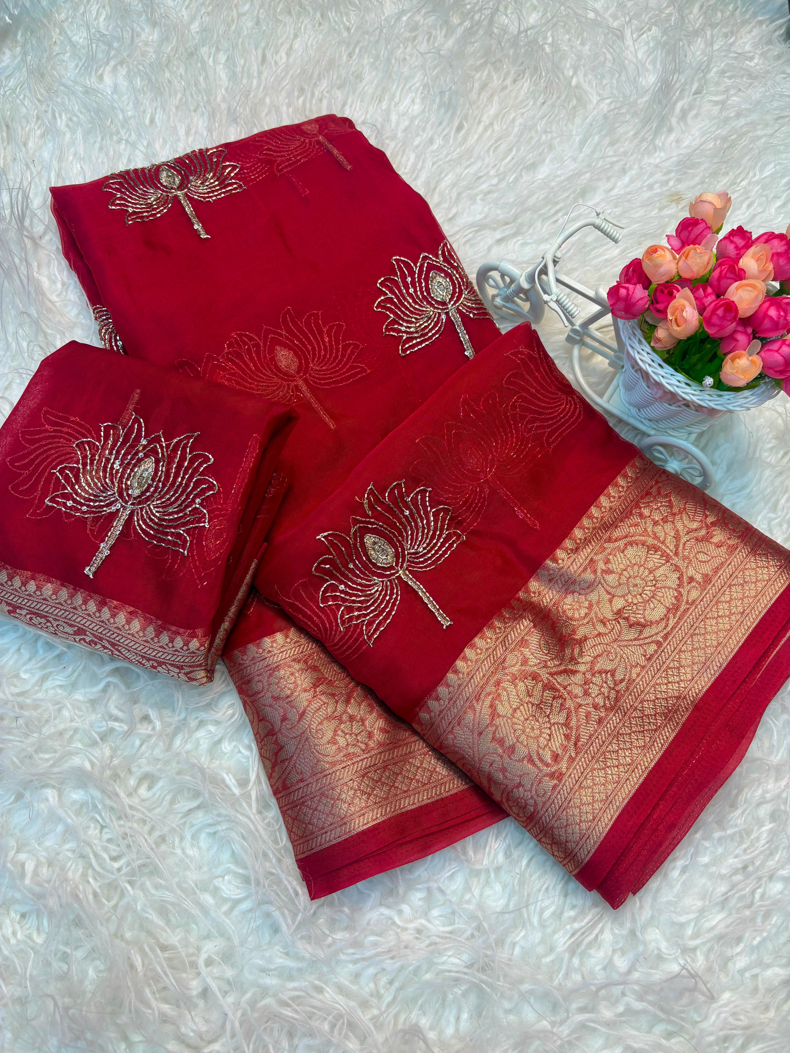 Designer Lotus Beadwork Party Wear Saree