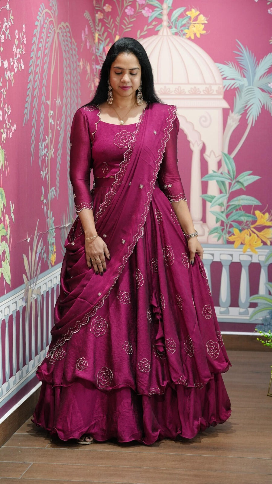 Embroidered Vertical Viscose Lehenga Set with Peplum Blouse & Dupatta