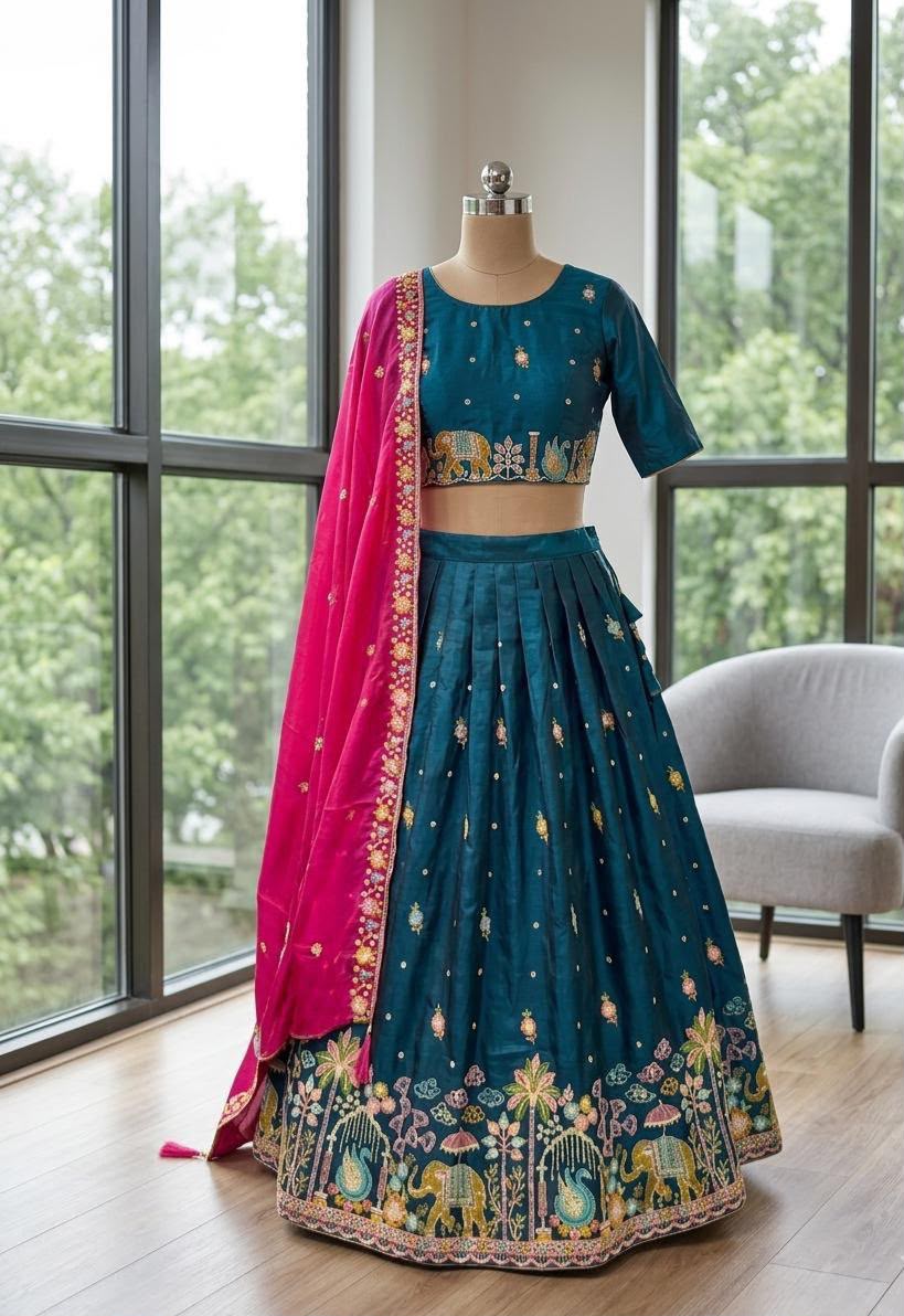 Designer Space Silk Embroidered Lehenga Choli with Dupatta