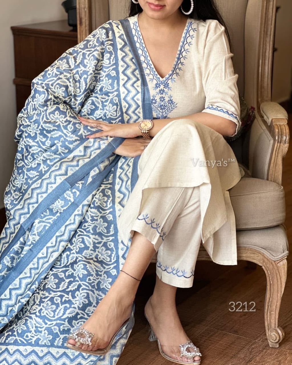 Embroidered Khadi Cotton Kurti Pant Set with Khadi Silk Dupatta