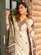 Khadi Cotton Embroidered Kurti Pant Set with Printed Dupatta