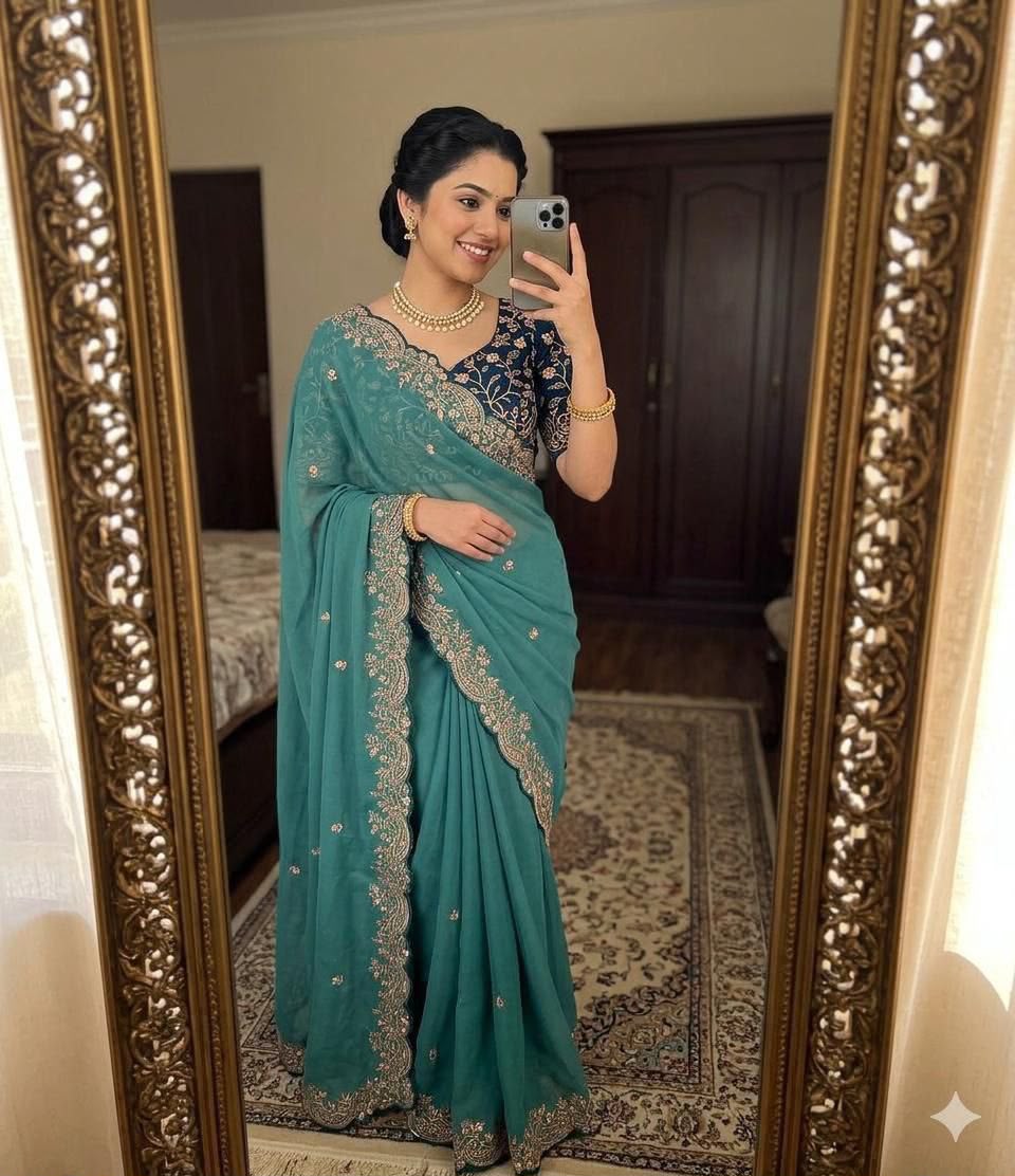 Designer Star Georgette Embroidered Saree with Contrast Blouse