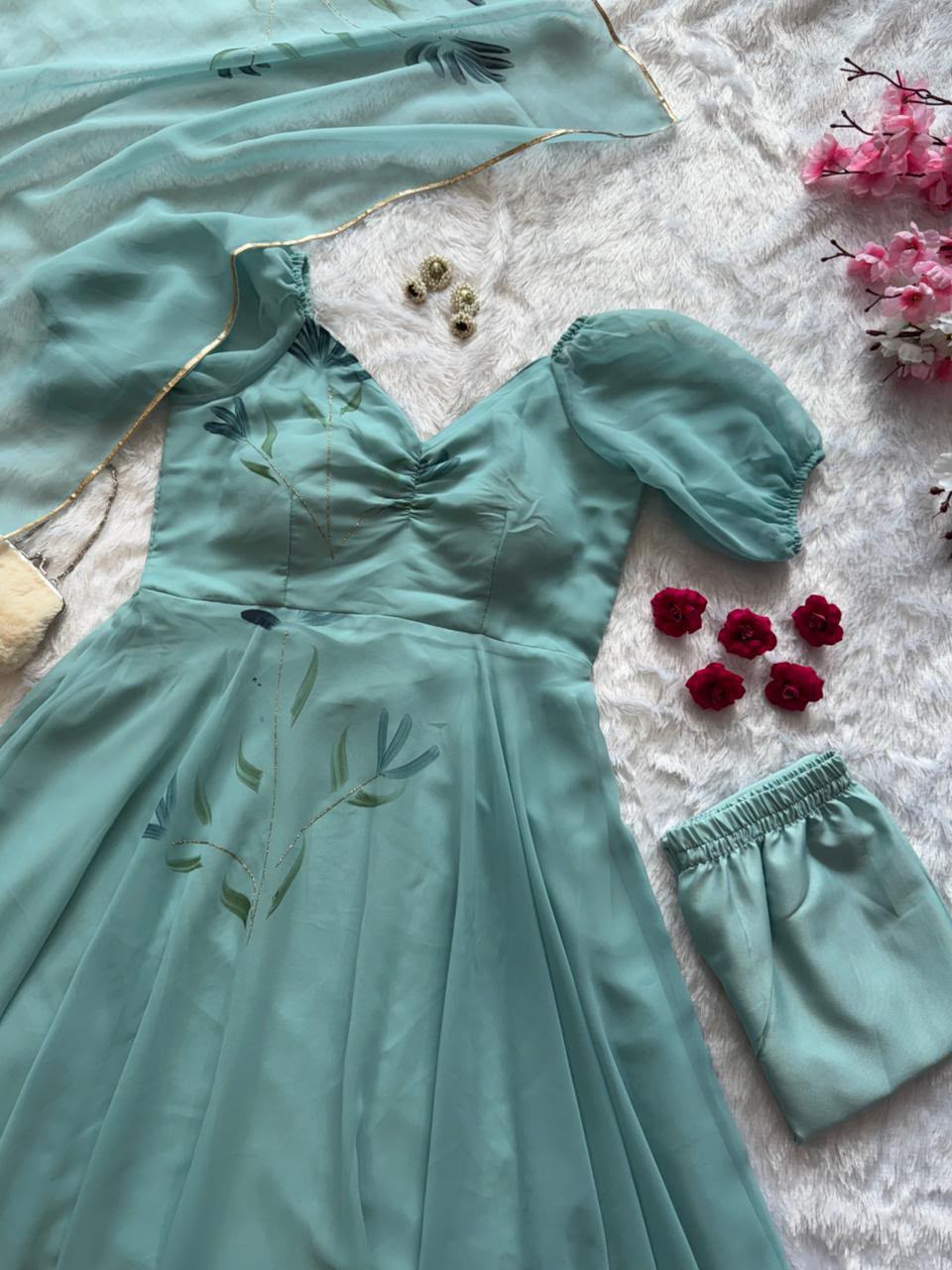 Handpainted Georgette Anarkali Suit Set with Dupatta