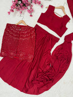 Chinon Silk Ready-to-Wear Saree with Embroidered Jacket & Blouse