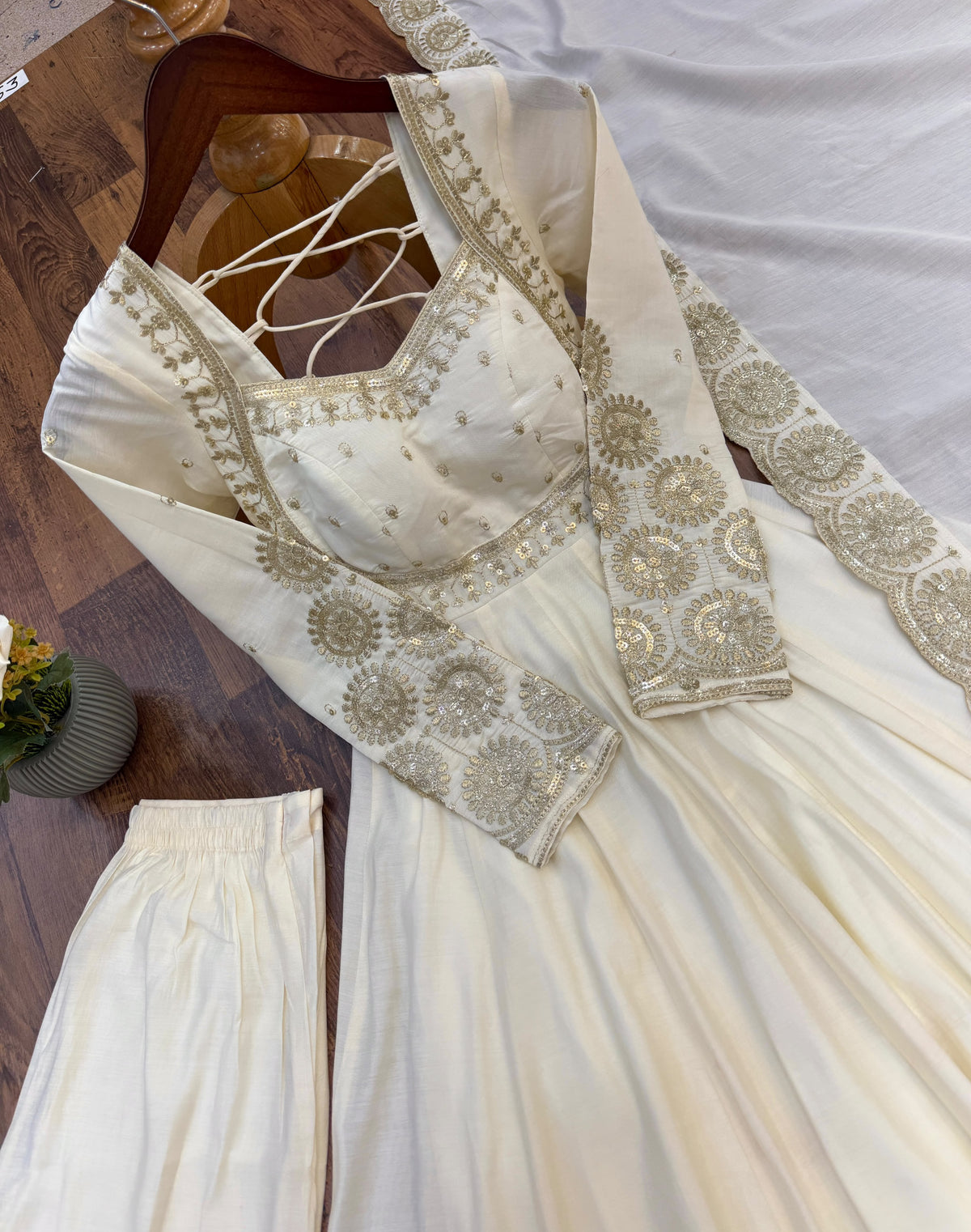 Roman Silk Embroidered Anarkali Gown Set with Chanderi Dupatta