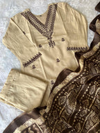 Khadi Cotton Embroidered Kurti Pant Set with Printed Dupatta